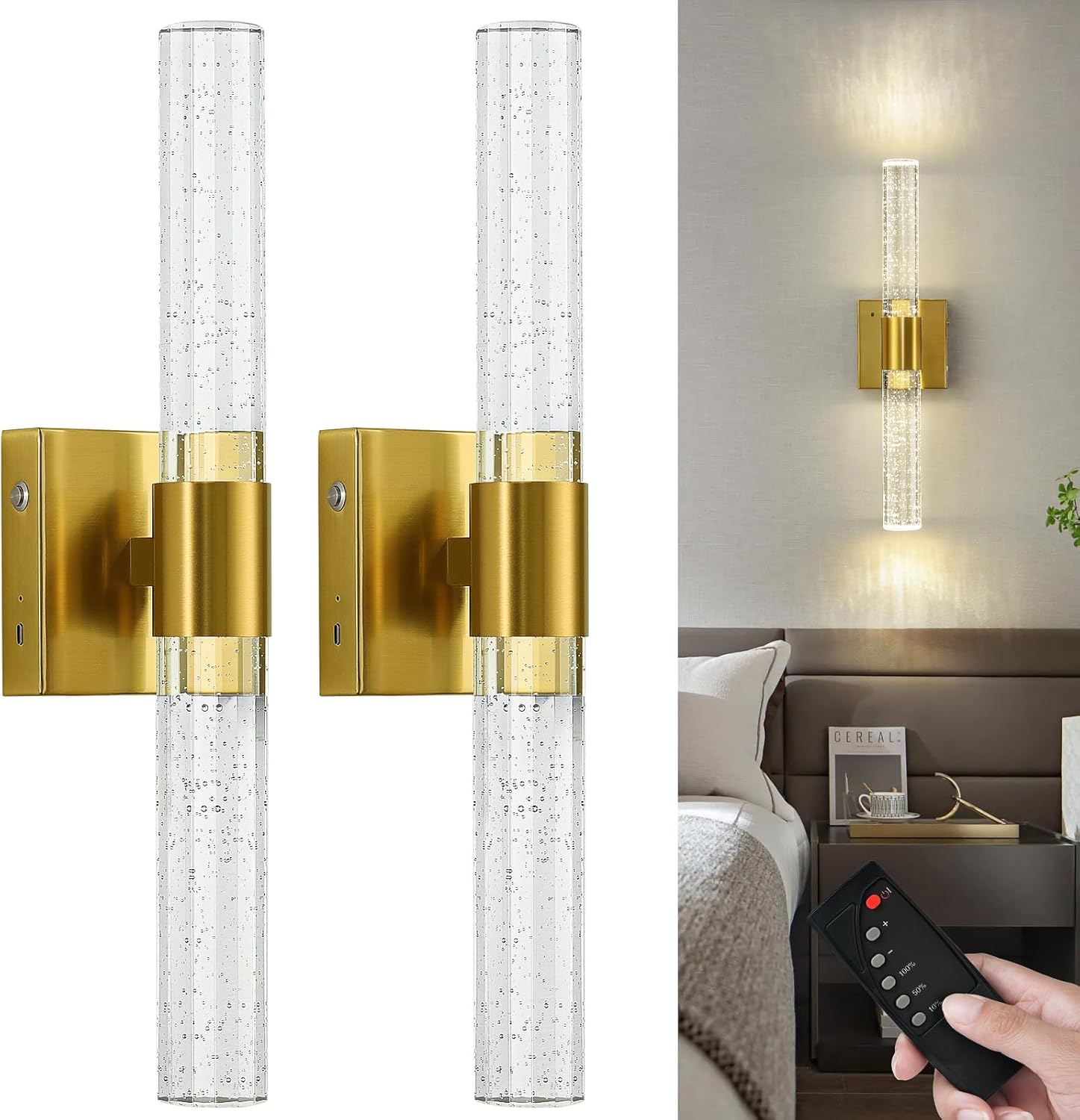 Gold Wall Sconces Set of Two Wireless Rechargeable LED Lights