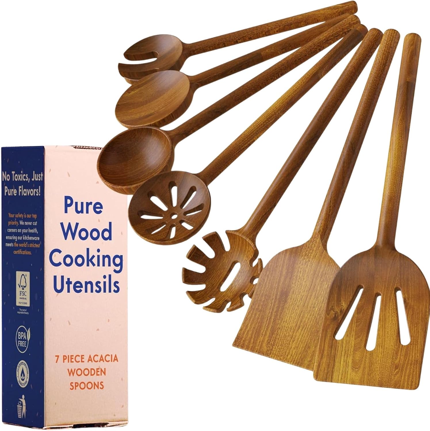 Non-Toxic Wooden Spoons for Cooking - 7-Piece Kitchen Utensils Set