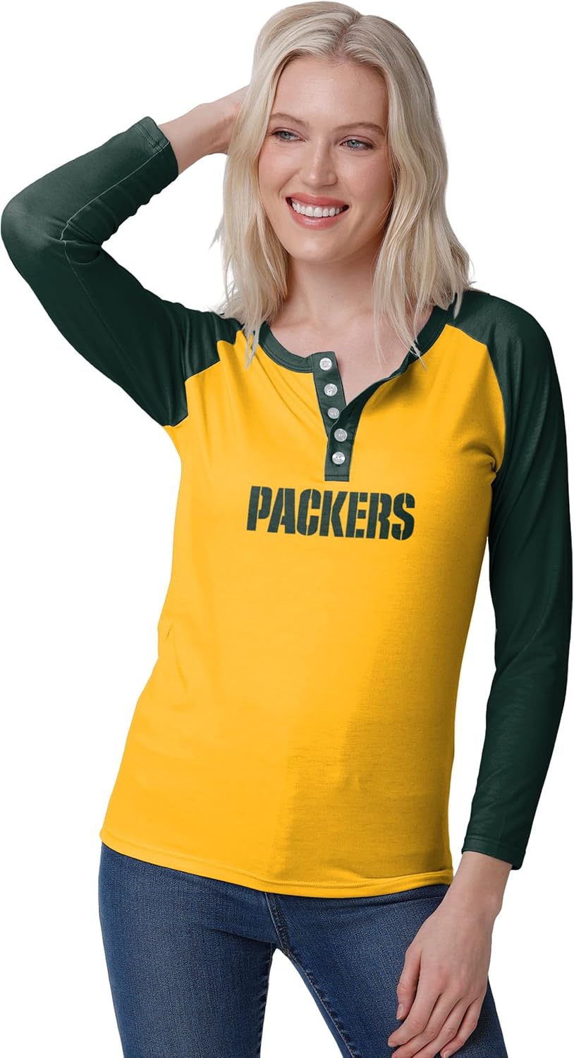 FOCO Women's NFL Team Logo Long Sleeve Henley Fashion Shirt