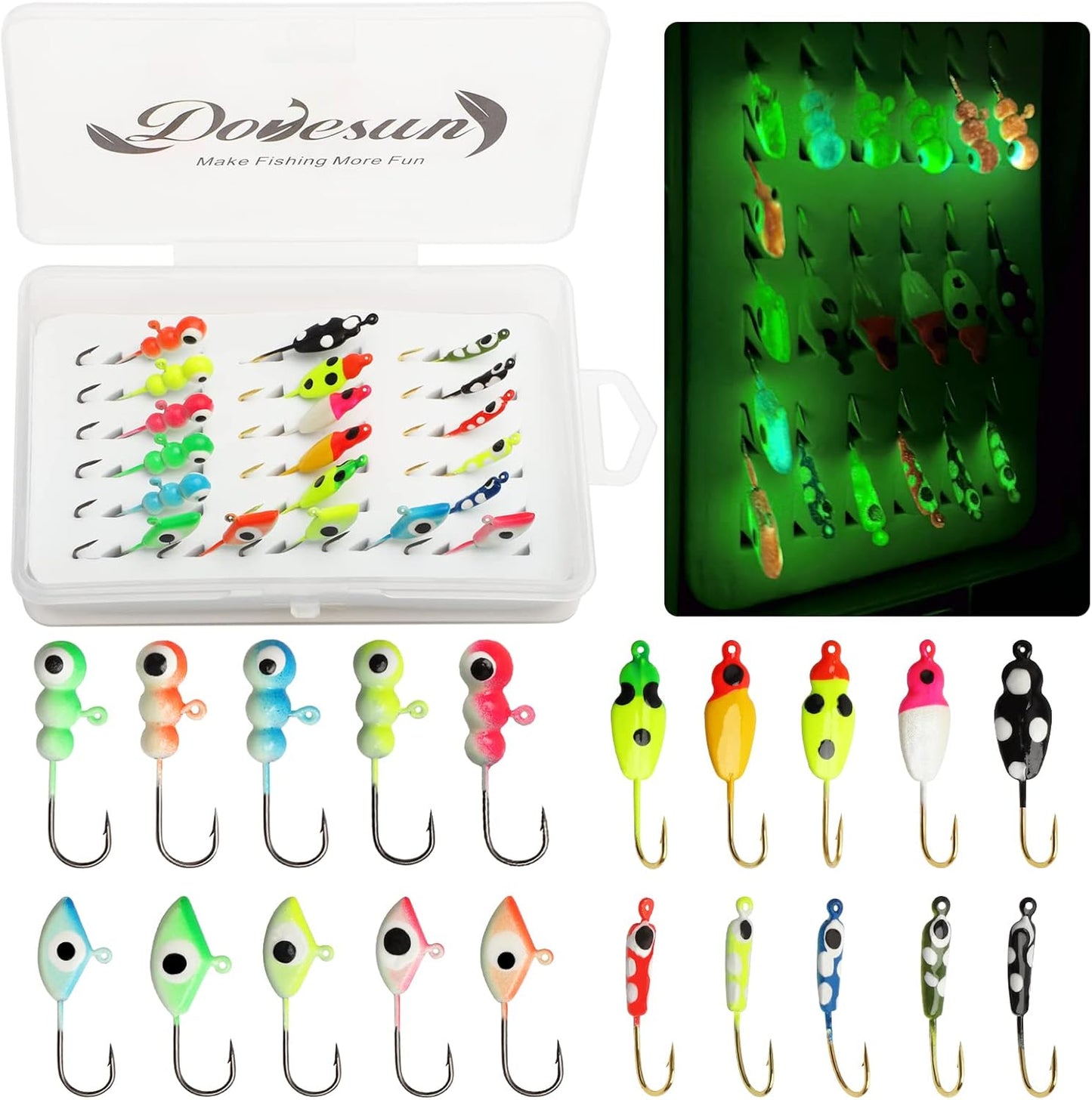 Dovesun Glow-in-the-Dark Ice Fishing Jigs | Walleye Crappie Soft Baits - 93Pc Set