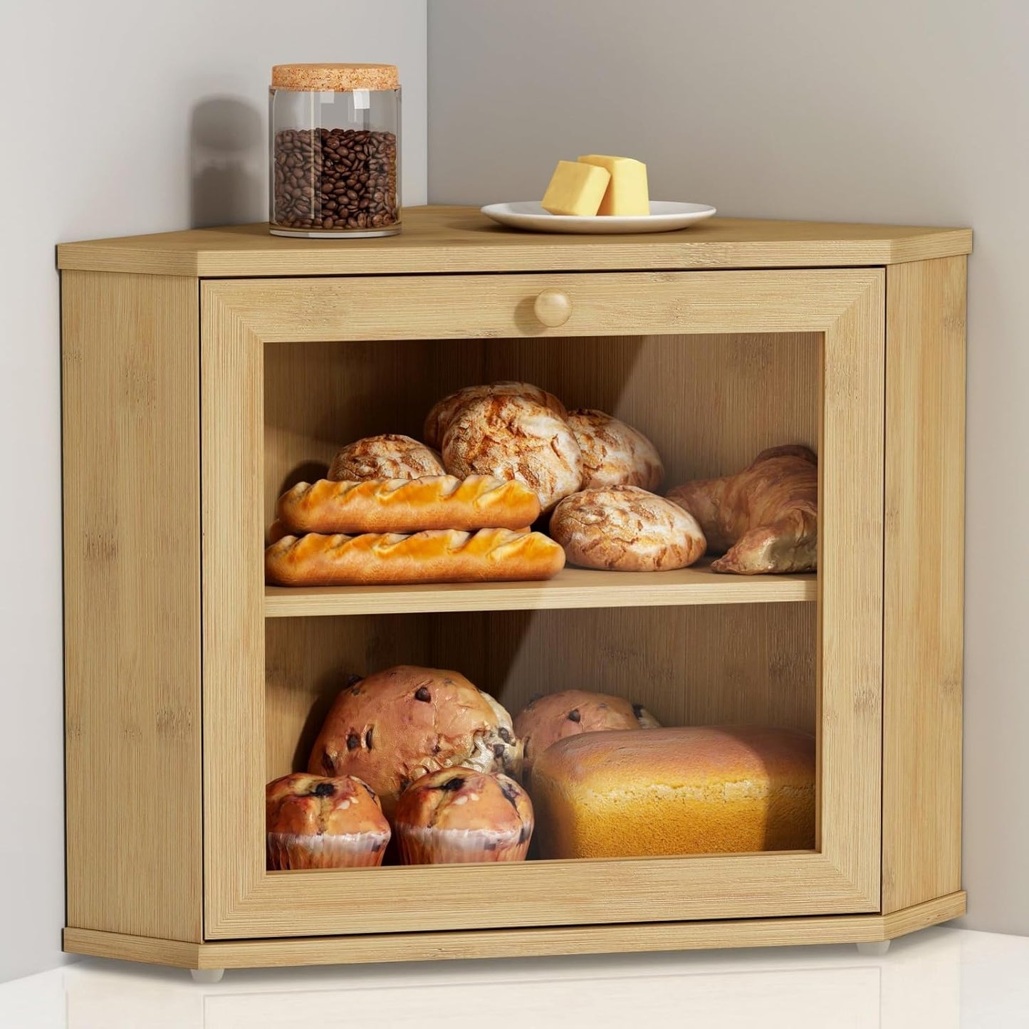 Bamboo Corner Bread Box for Kitchen Counter - 2 Tier Storage