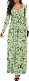 LILBETTER Women Long Sleeve Deep V Neck Maxi Casual Dress