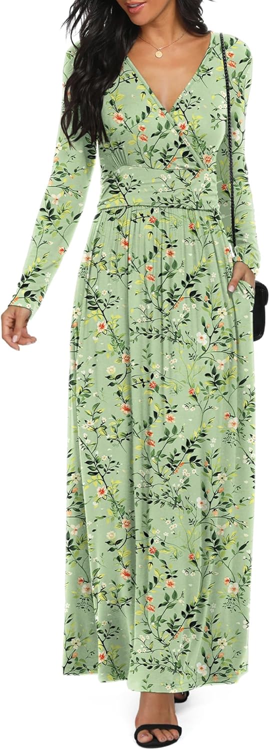 LILBETTER Women Long Sleeve Deep V Neck Maxi Casual Dress