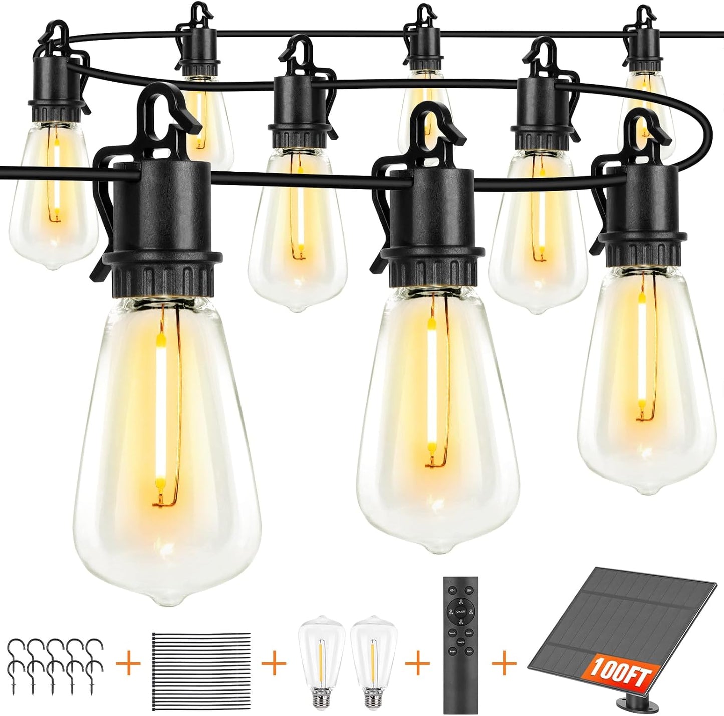Solar String Lights Outdoor Waterproof 100ft with Vintage Bulbs