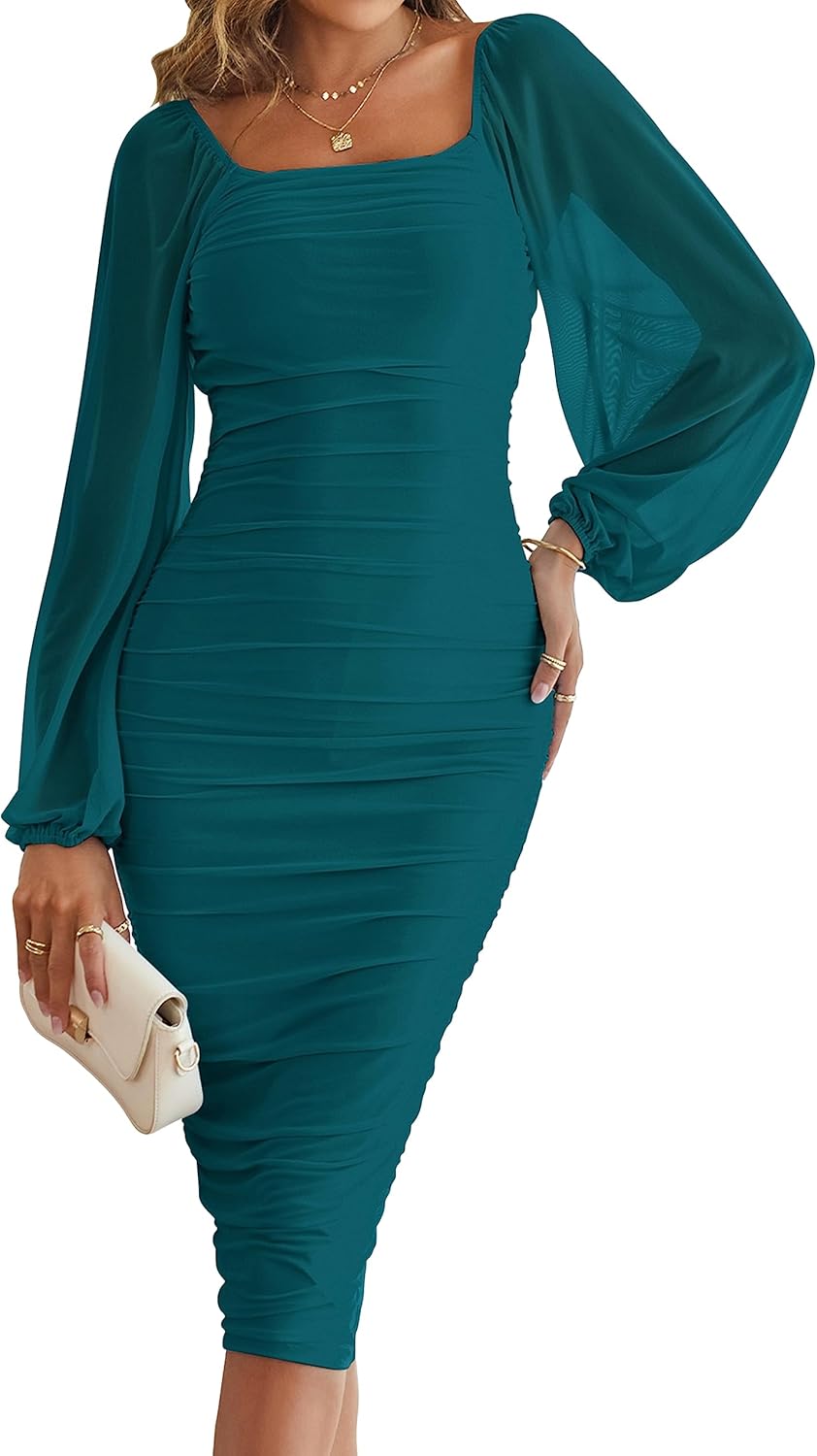 Stylish Long Sleeve Bodycon Midi Dress for Wedding Guests