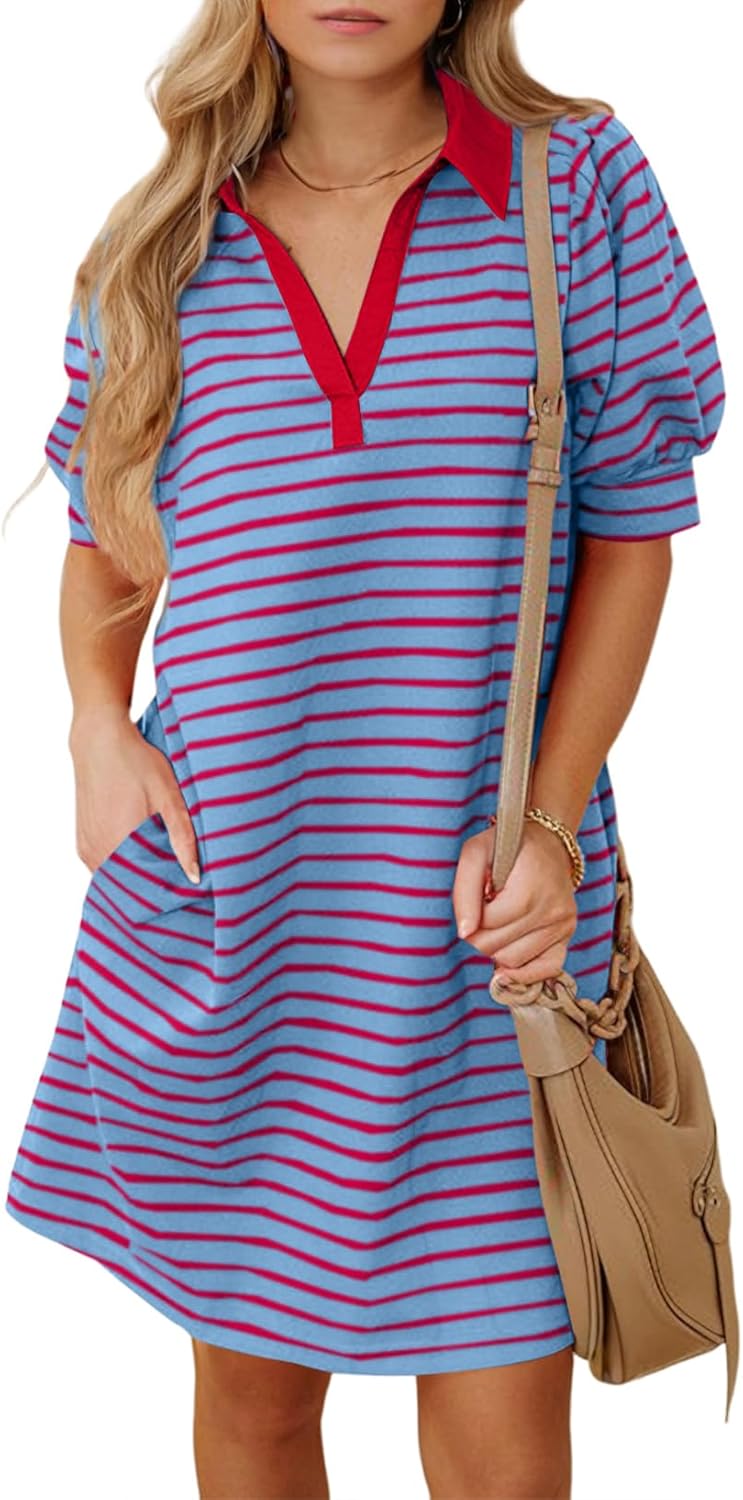 BLENCOT Women's Casual Polo V Neck T Shirt Striped Dress