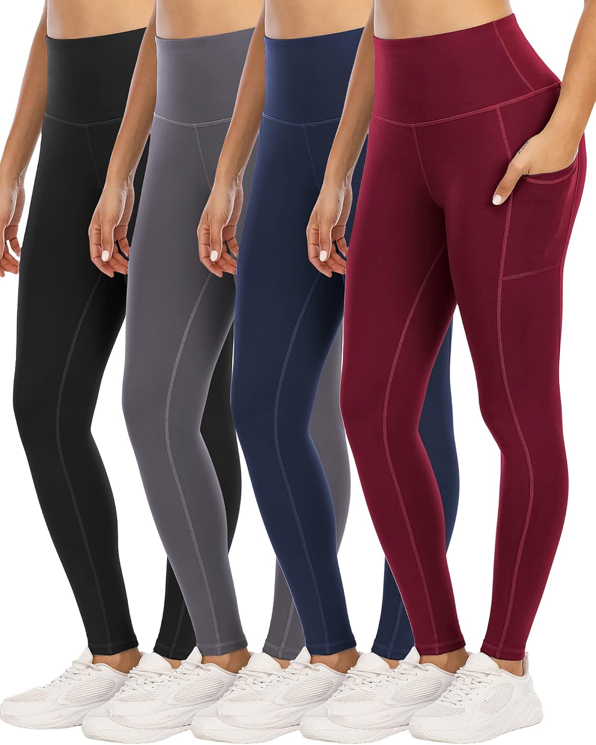 4 Pack Leggings with Pockets for Women - High Waist Tummy Control