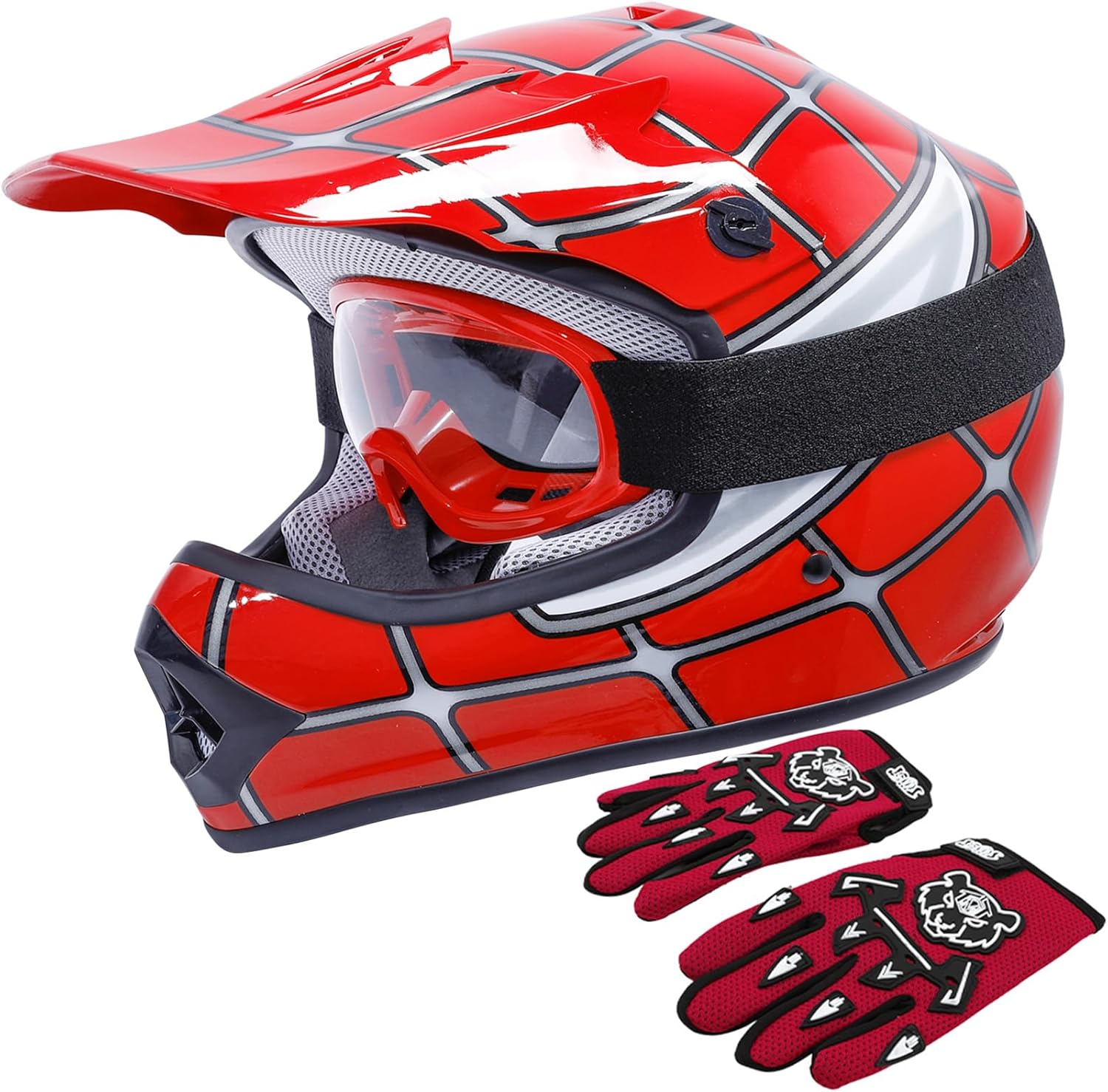 TCT-MOTORPARTS Red Spider DOT Kids Youth Motocross Helmet Set