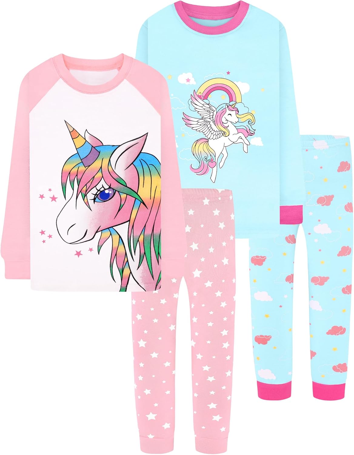 Girls Cotton Pajamas Set 4 Pieces for Ages 18 Months to 12 Years
