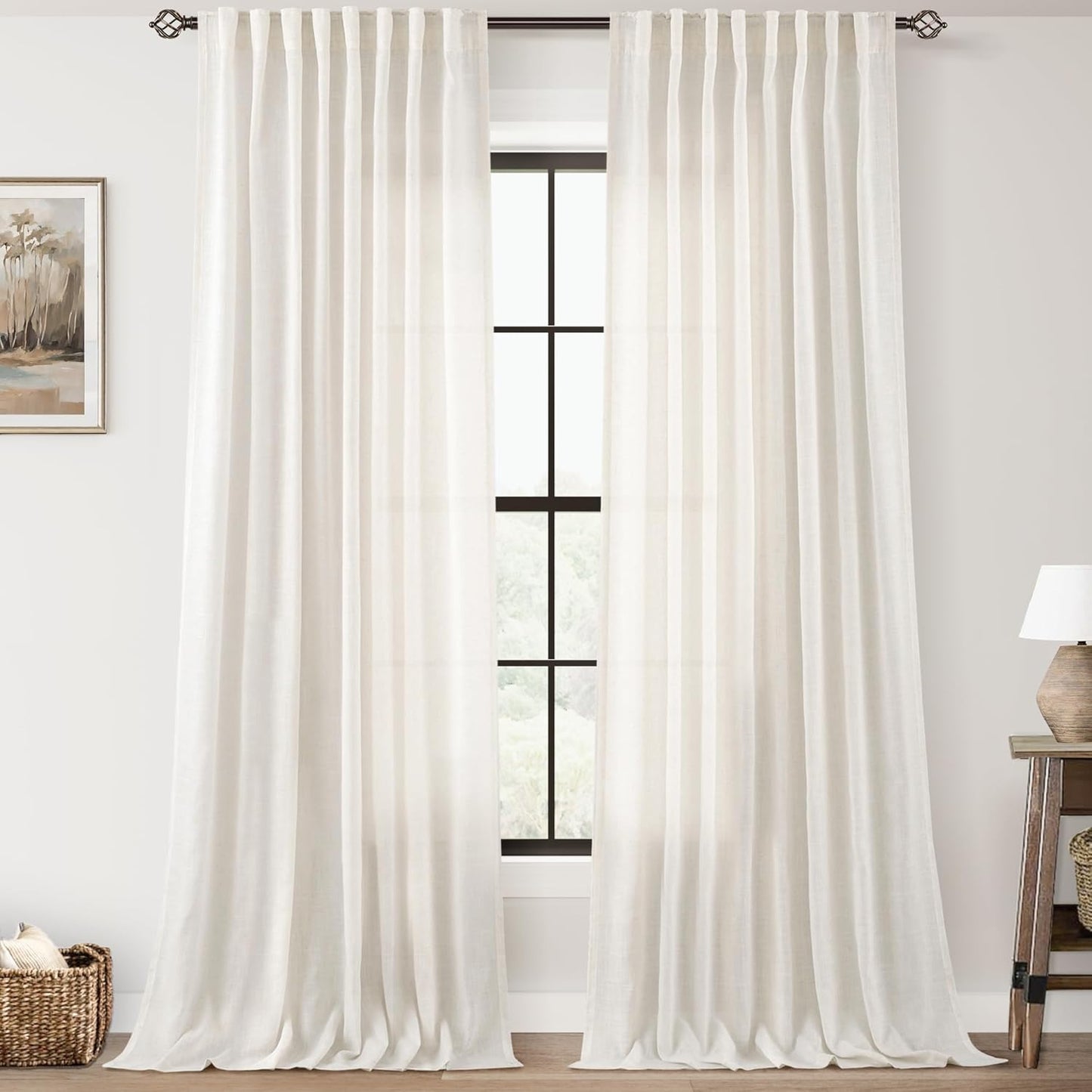 96 Inch Long Linen Curtains for Living Room Back Tab Panels
