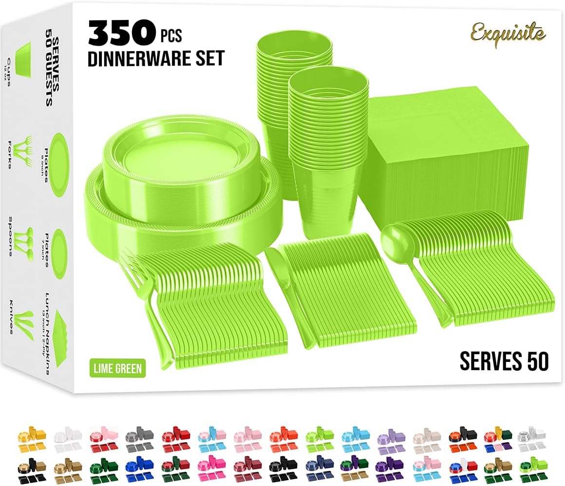 350 Pcs Lime Green Plastic Plates Set for Any Party Occasion