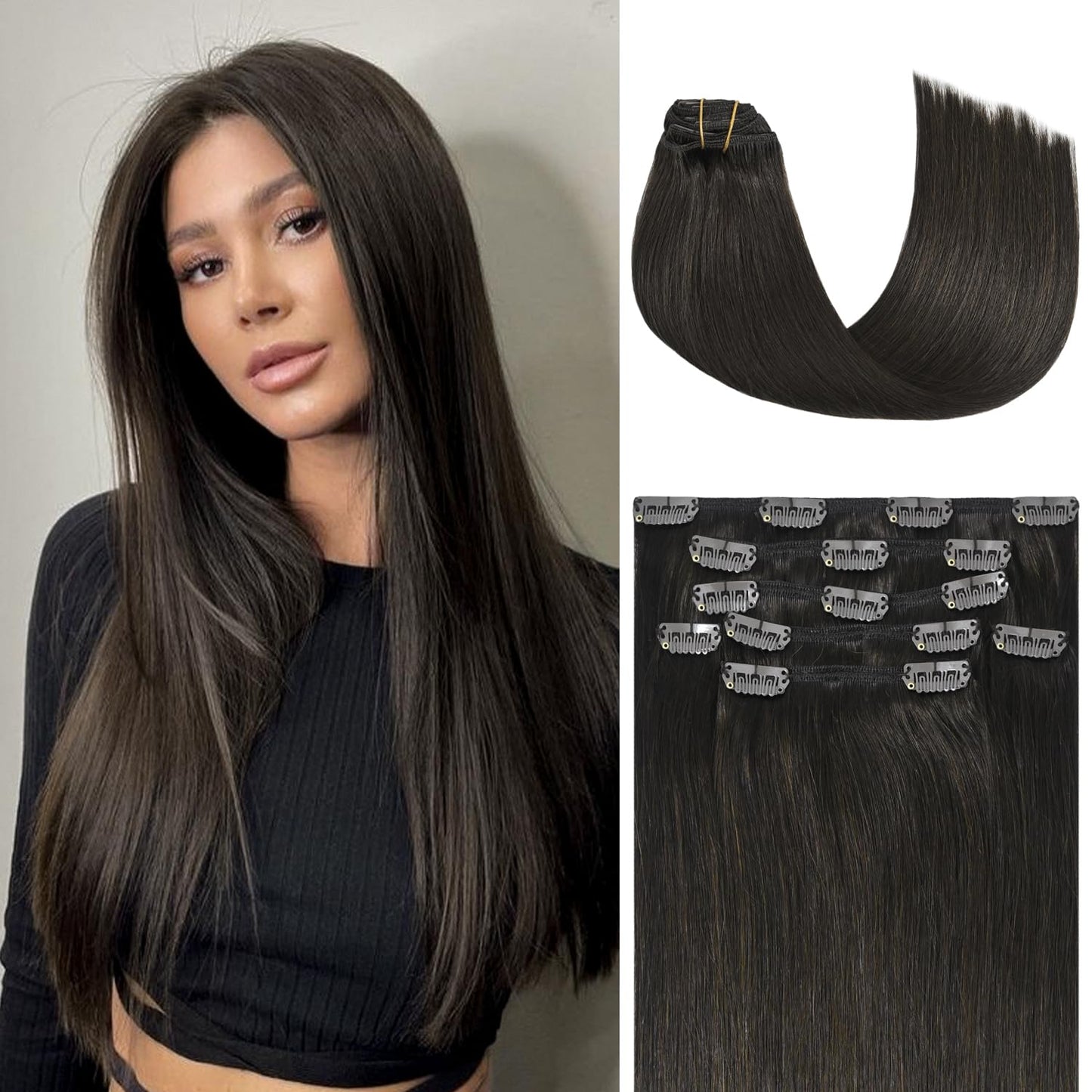 Honsoo Dark Brown Clip in Human Hair Extensions for Full Head