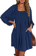 Womens Square Neck Smocked Floral Swiss Dot Mini Dress (Style KLJB)