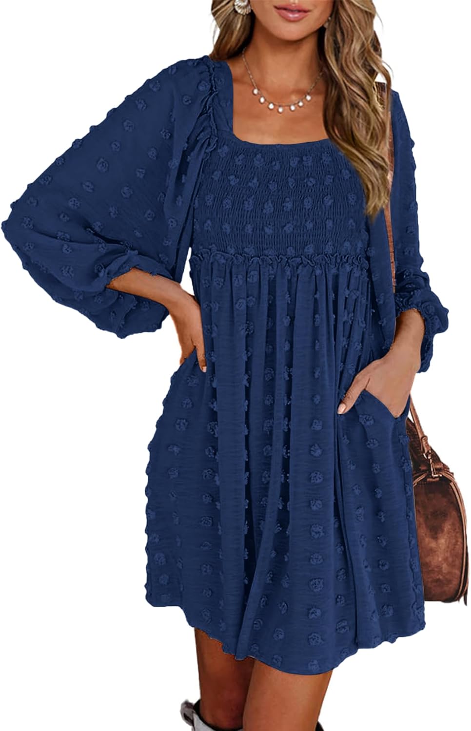 Womens Long Sleeve Dress with Square Neck and Floral Print