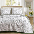 Reversible Floral Quilt 3-Piece Grey Embroidery Pattern Queen