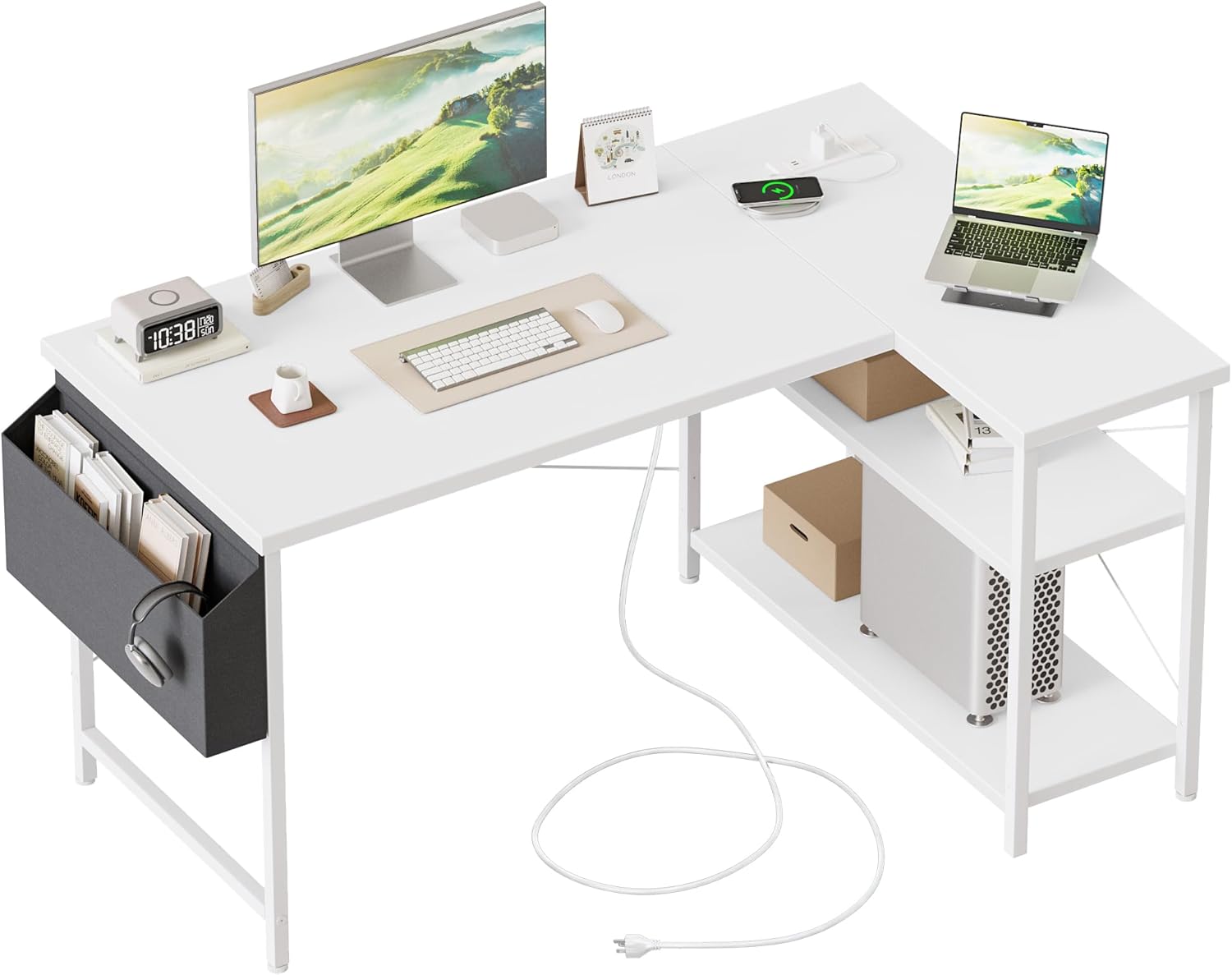L Shaped Computer Desk with Power Outlets for Small Spaces