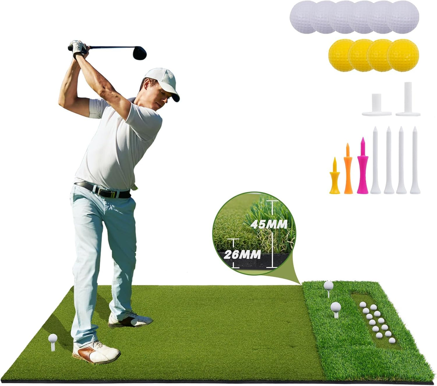 LotFun Dual-Turf Golf Mat with Ball Tray - Practice Anywhere!