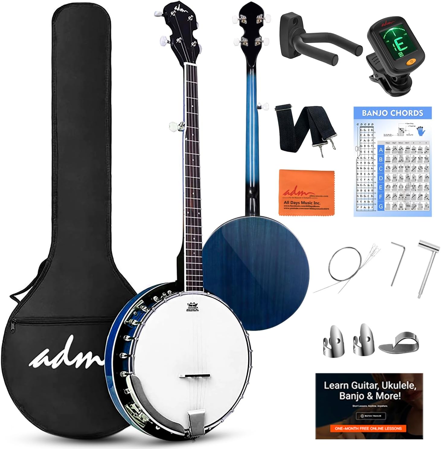 ADM Banjo 5 String Full Size Beginner Kit with Accessories