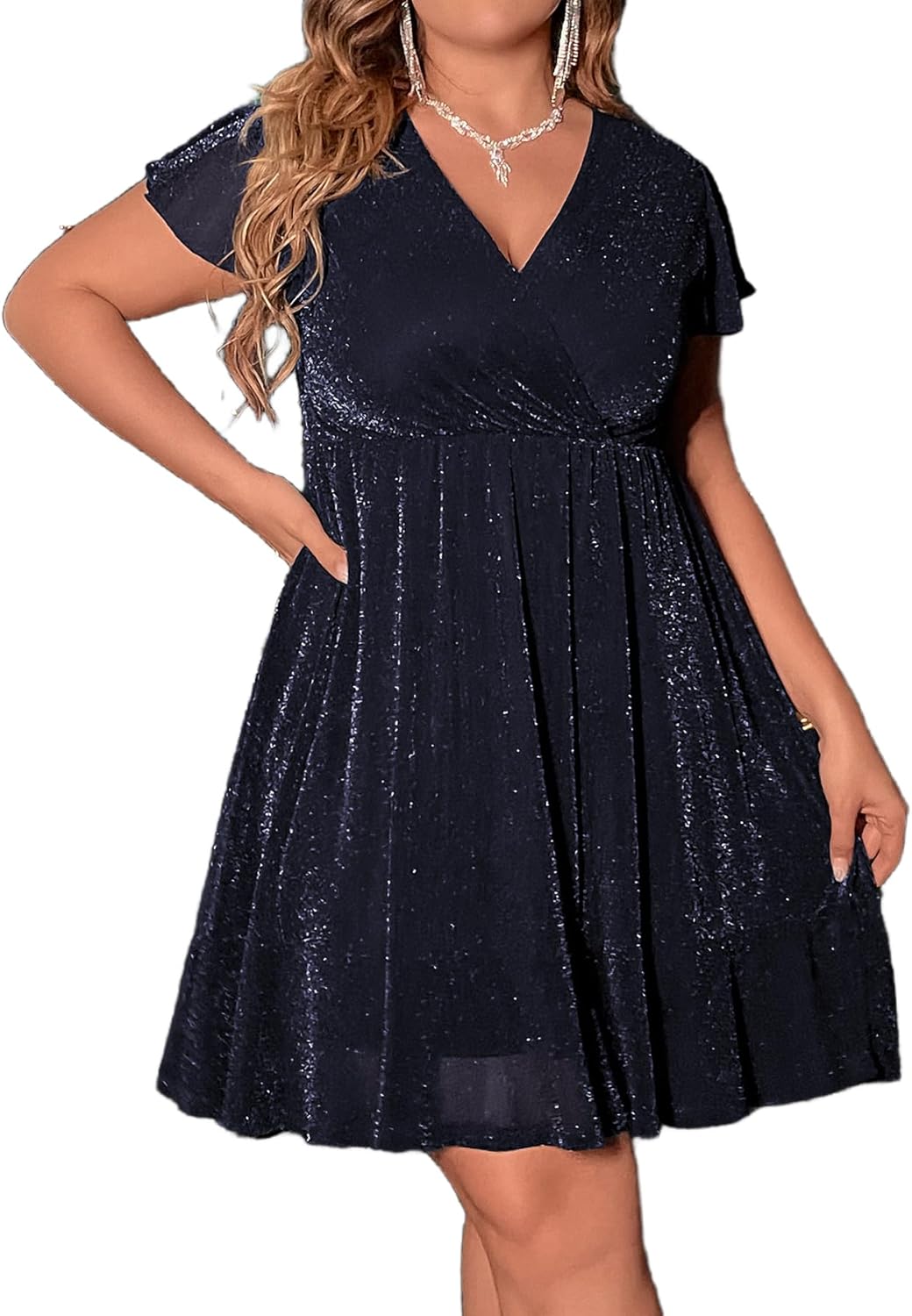 Floerns Women's Plus Size Glitter Wrap V Neck Short Sleeve Dress