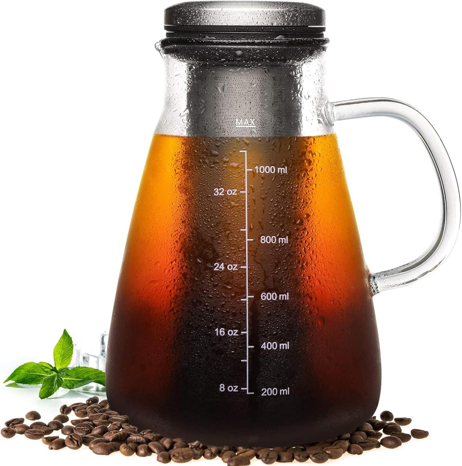 Cold Brew Coffee Maker - 34oz Glass Pitcher, Stainless Steel Filter, BPA-Free ~ YMMIND