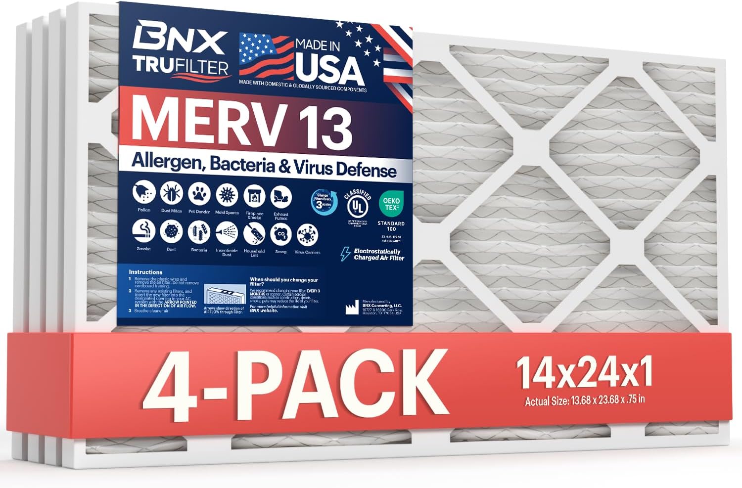 BNX TruFilter 14x24x1 Air Filter MERV 13 for Cleaner Air