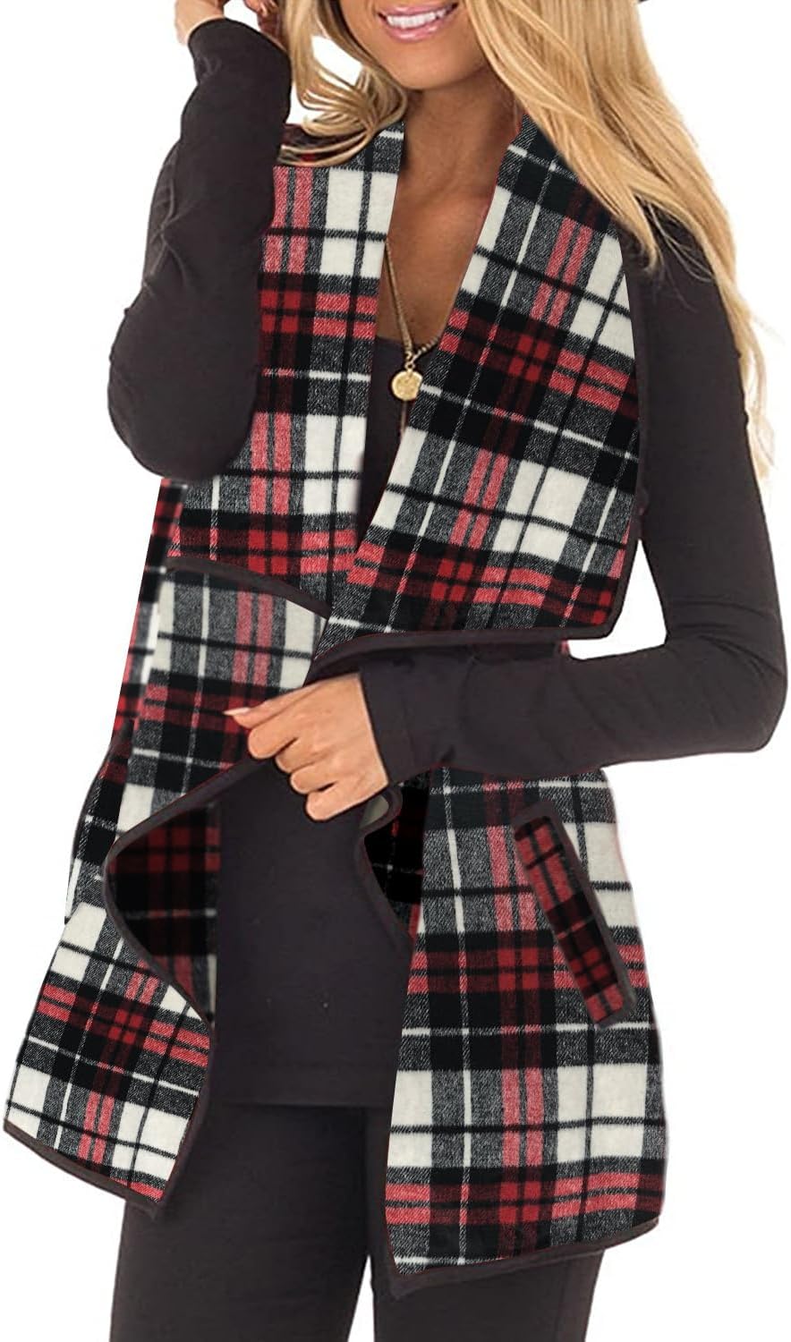 Unidear Womens Buffalo Plaid Vest Casual Open Front Cardigan