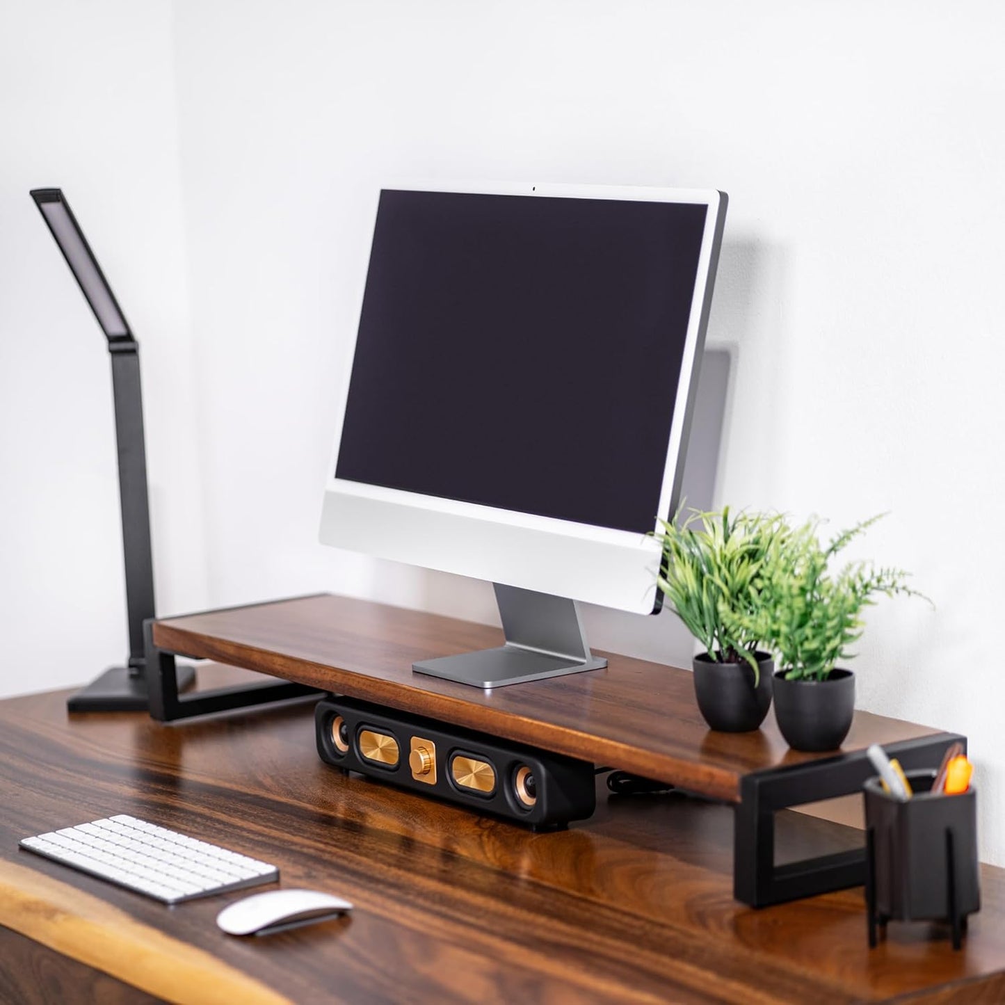 Dual Monitor Stand Riser for Desk - Walnut Wood with Metal Legs