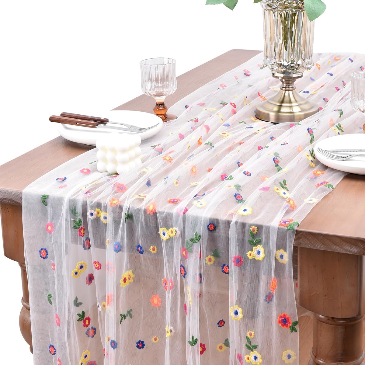 Joanlody 3pcs Ivory Embroidery Daisy Table Runner for Home