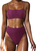 Women High Waisted Bikini Shoulder Strap 2 Piece High Cut Swimsuit
