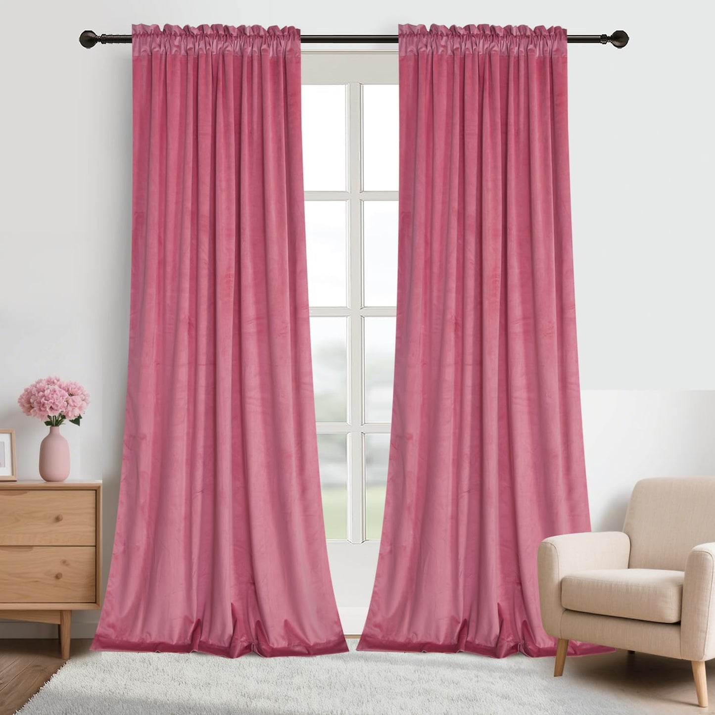 Roslynwood Candy Pink Velvet Curtains for Luxury Bedroom Decor