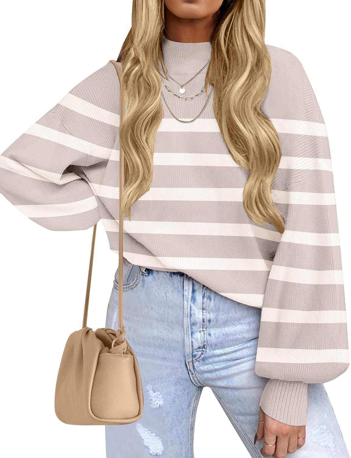Trendy Turtleneck Long Sleeve Striped Knit Pullover Sweater