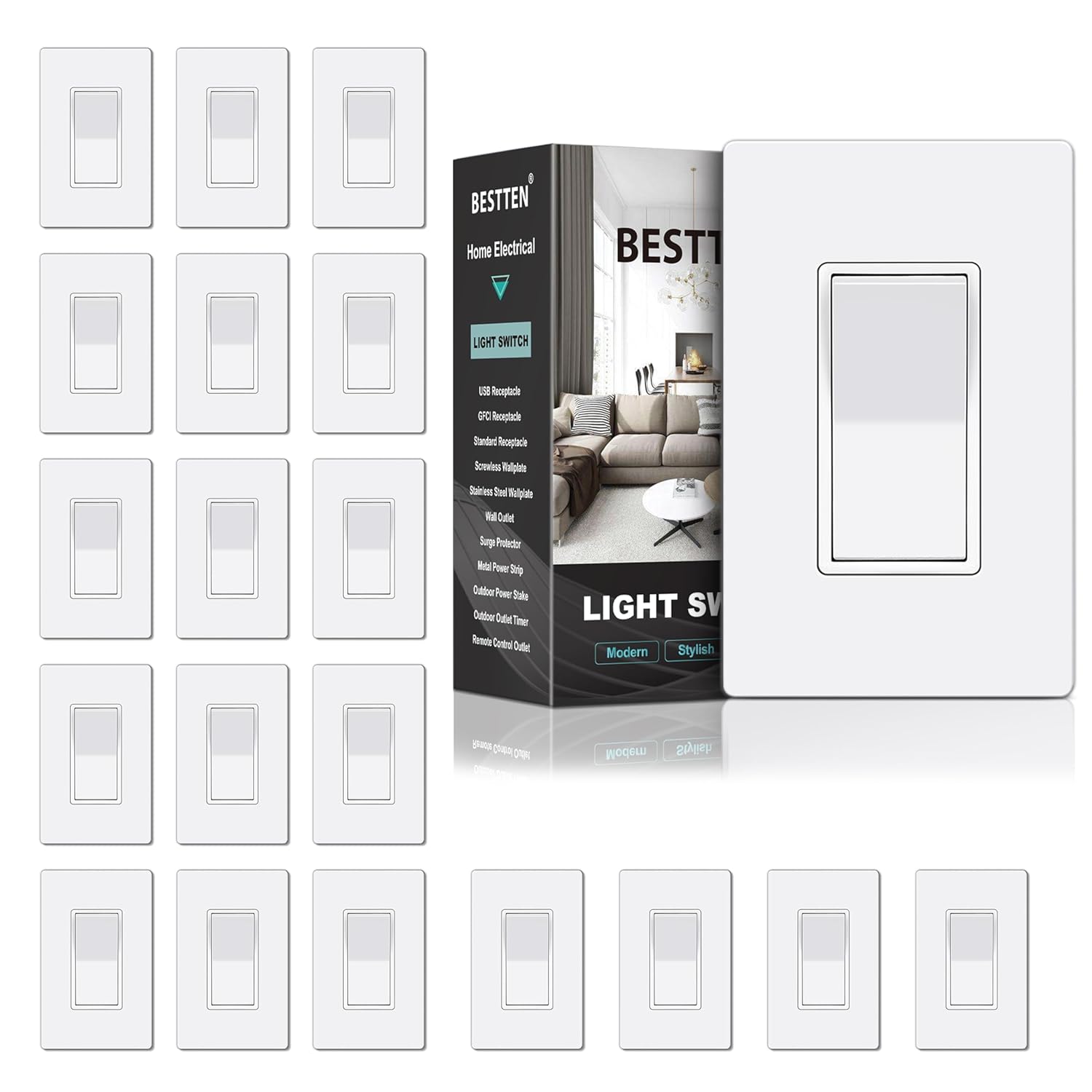 BESTTEN 20 Pack Single Pole Decorator Light Switches for Home