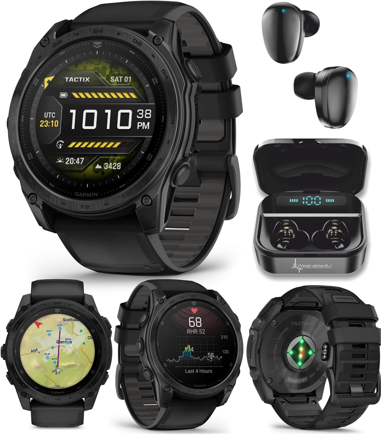 Garmin Tactix 8 Smartwatch Bundle: Tactical GPS & Ballistics Solver + Black Earbuds
