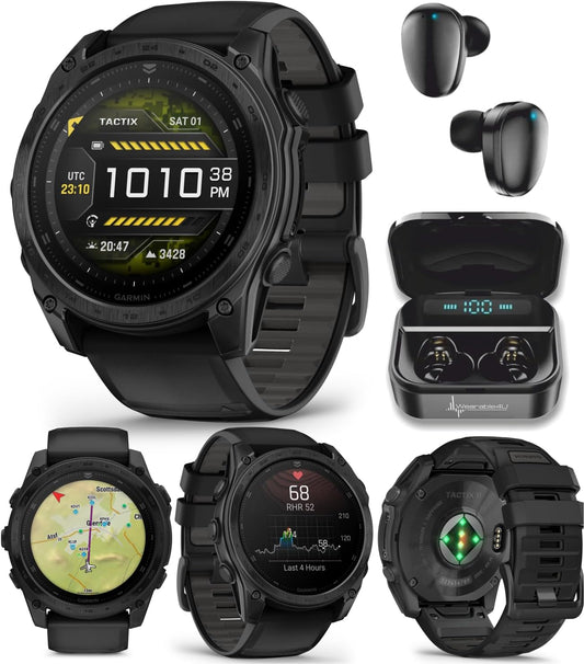 Garmin Tactix 8 Smartwatch Bundle: Tactical GPS & Ballistics Solver + Black Earbuds