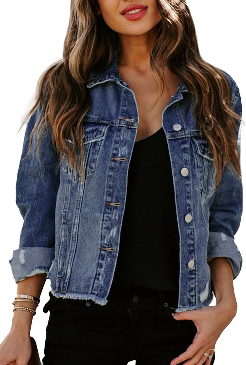 Stylish Women's Denim Jacket with Distressed Ripped Design