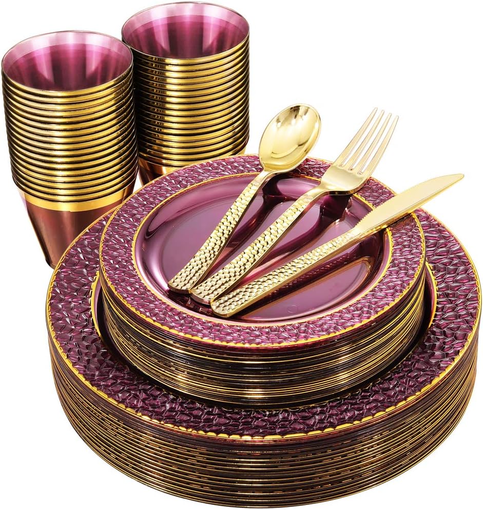 Nervure 150PCS Clear Purple Plastic Plates for Elegant Parties