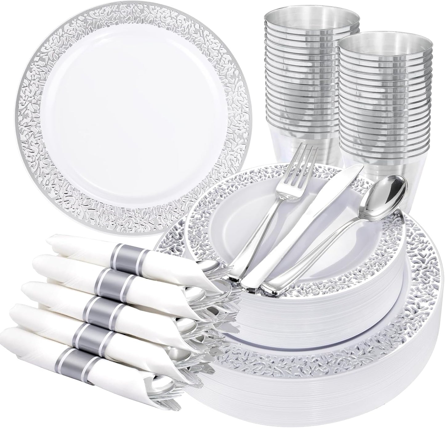 WELLIFE 175Pcs Silver Dinnerware Set for Elegant Parties