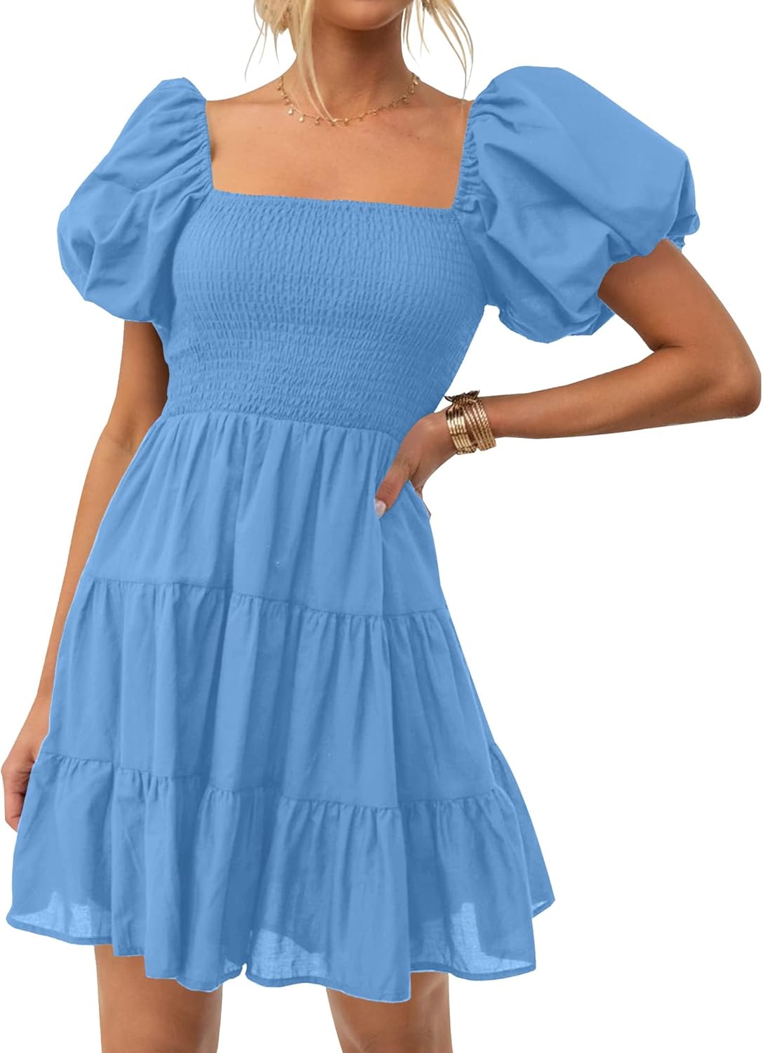 ZESICA Women's Boho Summer Square Neck Puff Sleeve Mini Dress