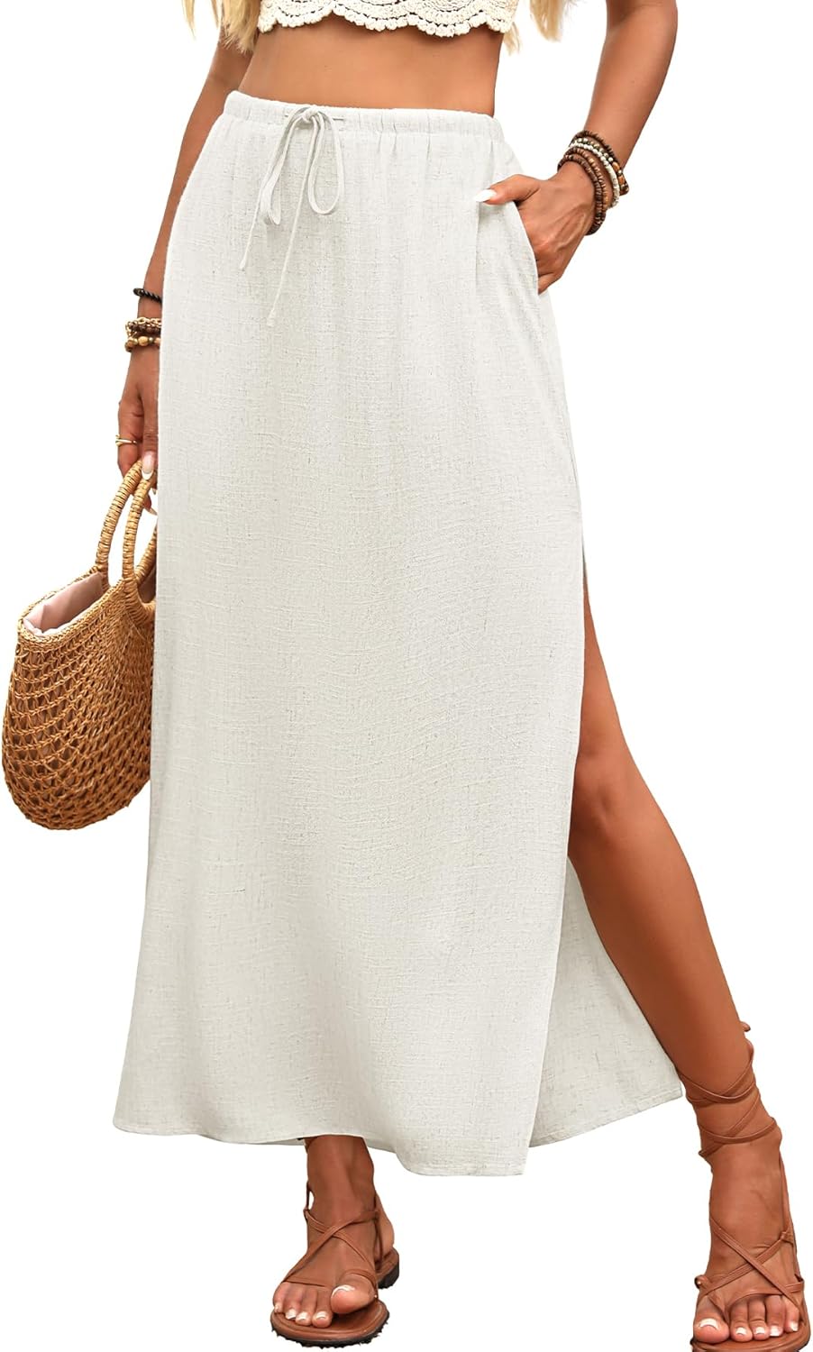 ELLEVEN Linen Straight Maxi Skirt with Side Slit for Summer
