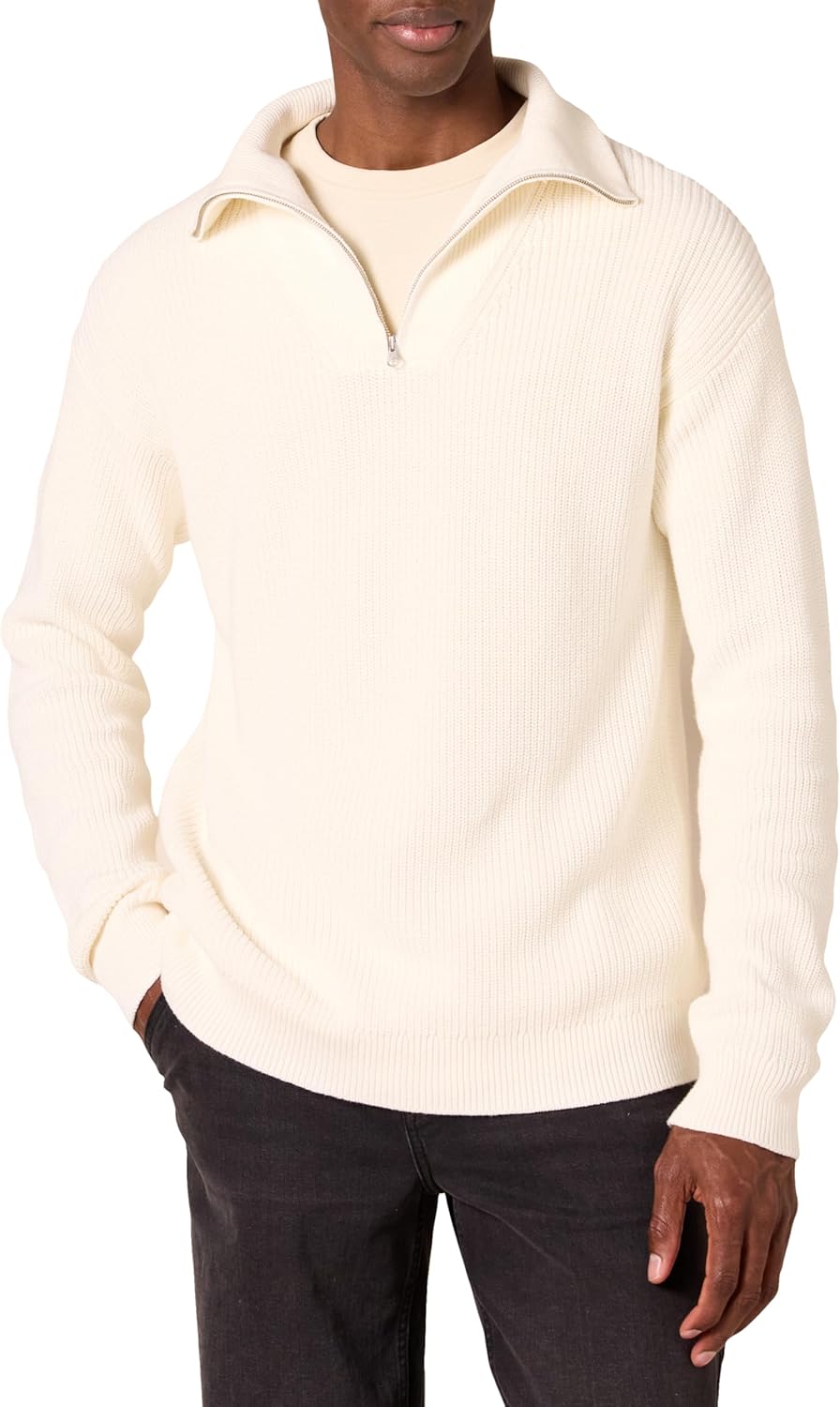 Mens Quarter-Zip Rib-Knit Relaxed-Fit Sweater for Comfort