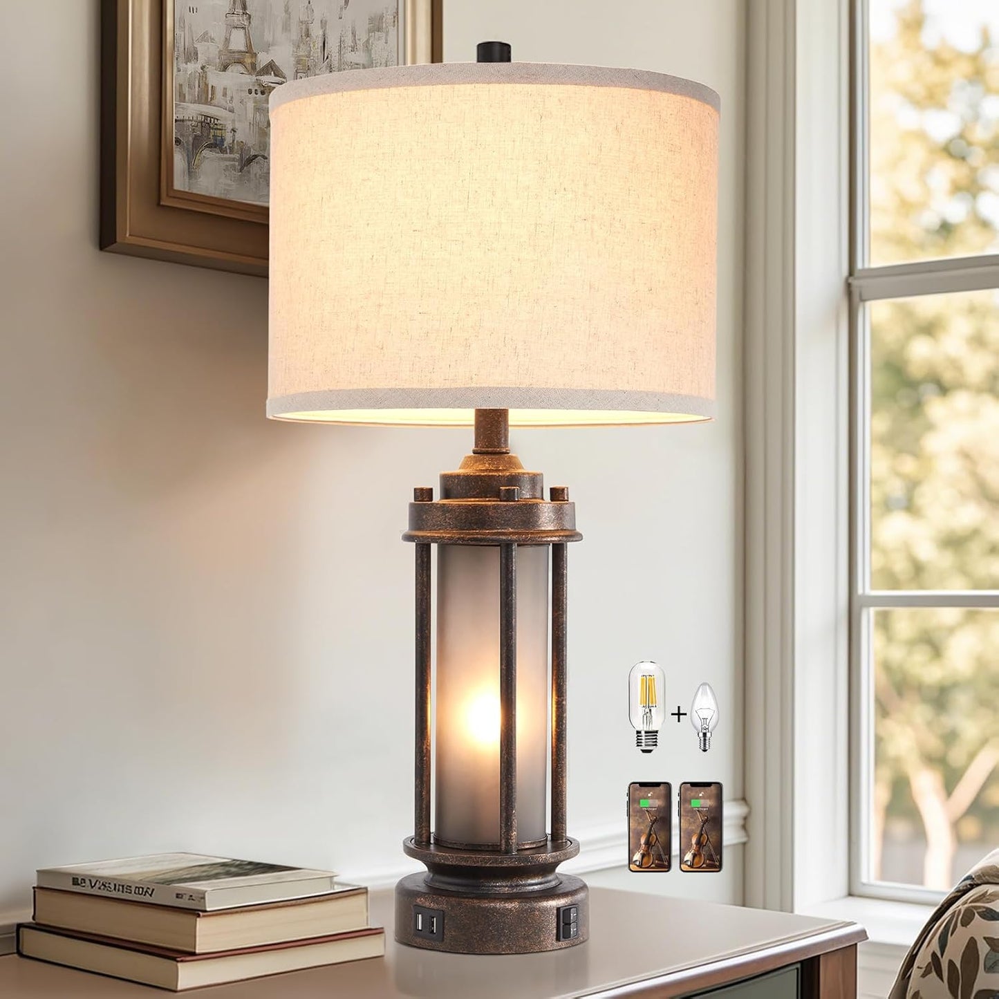 25 Farmhouse Table Lamp with USB Ports for Vintage Decor