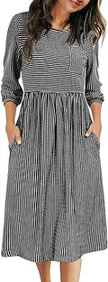 Women's 3/4 Balloon Sleeve Striped High Waist Midi Dress (Style 539S)