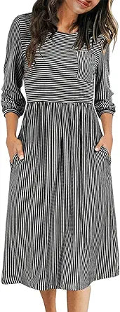 MEROKEETY Women's Striped High Waist Midi Dress with Pockets