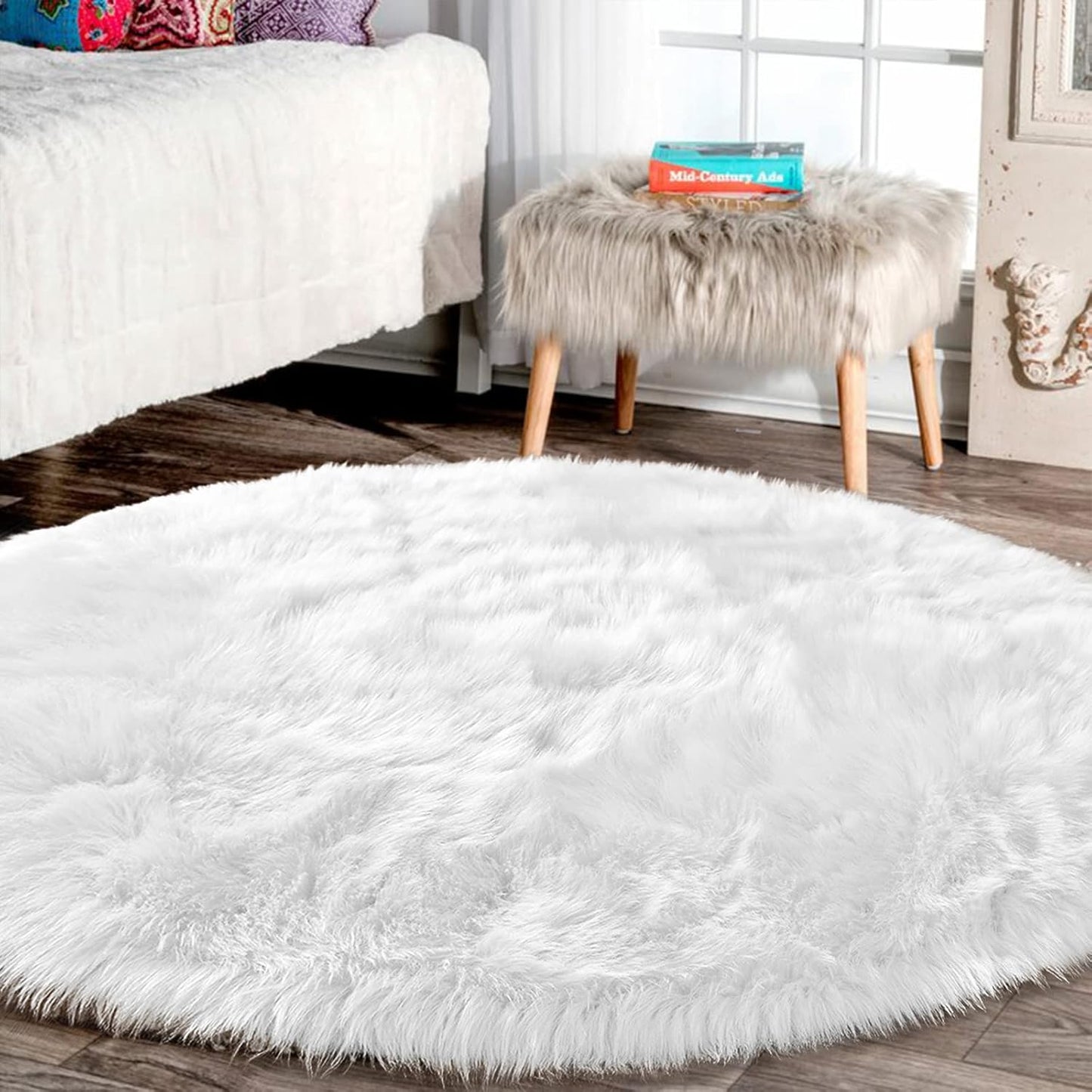 Latepis Round 8ft White Circle Area Rug for Living Room Decor