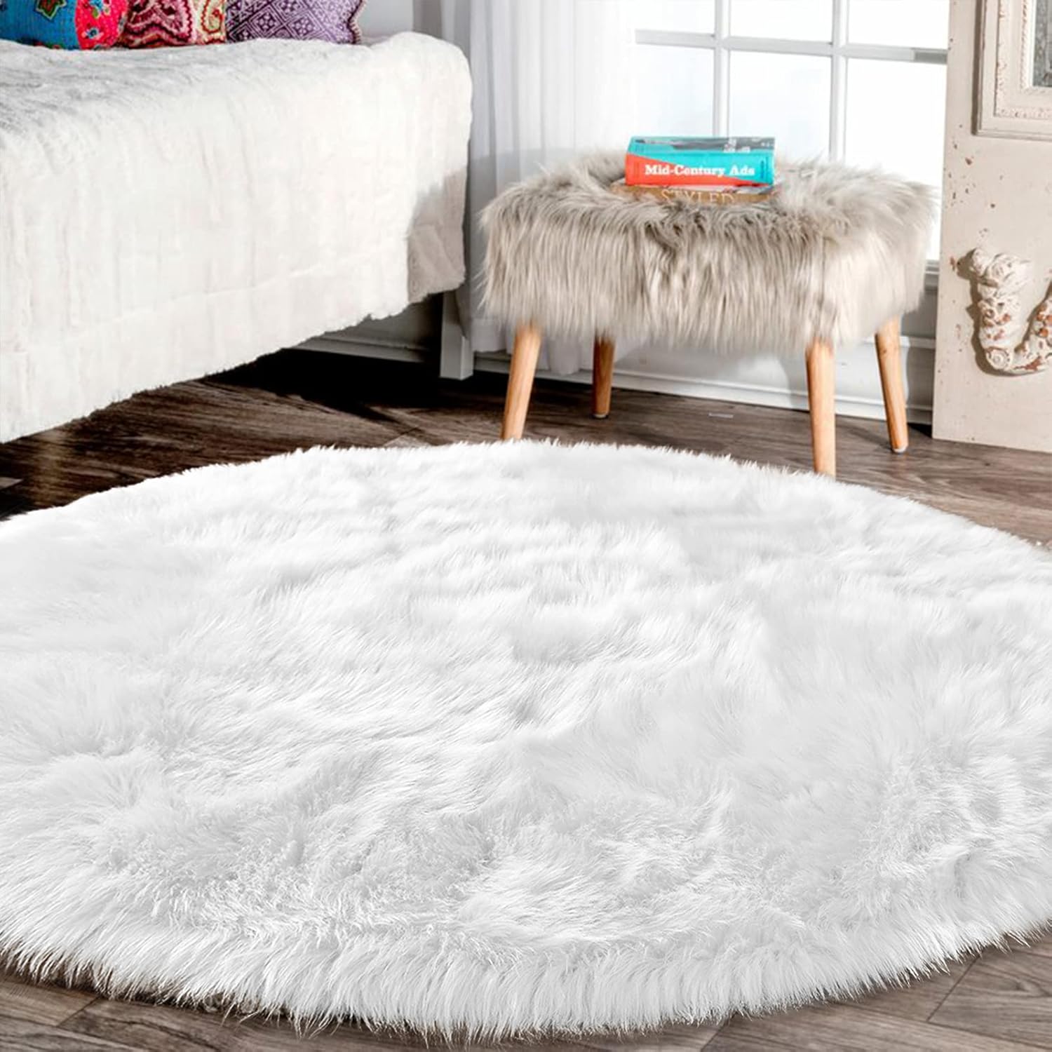 Latepis Round 8ft White Circle Area Rug for Living Room Decor
