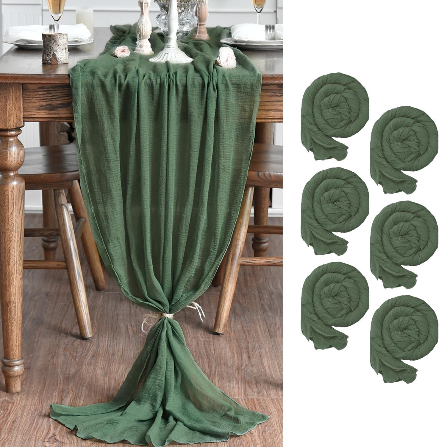 Boho Forest Green Gauze Table Runner Set for Elegant Dining