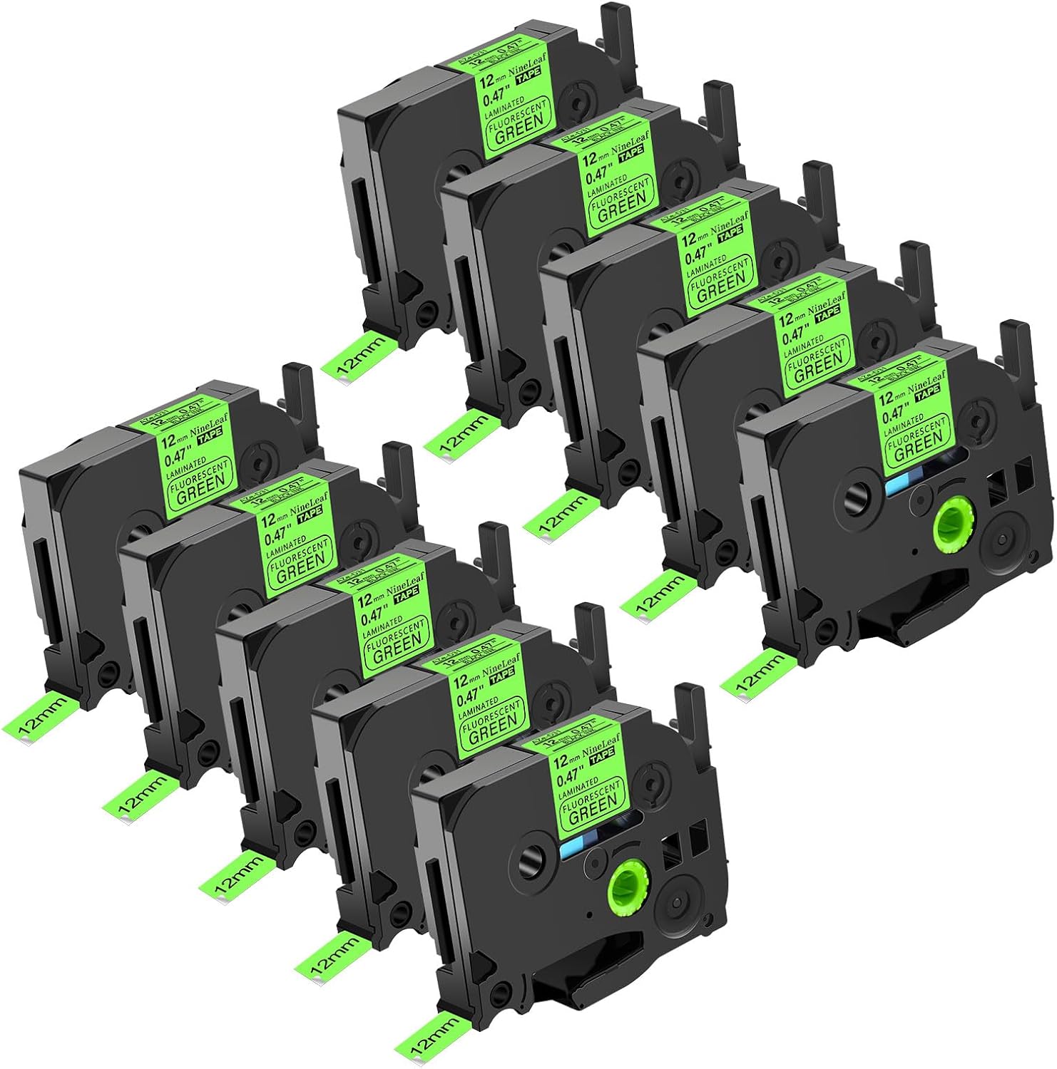 NineLeaf 10 Pack Black on Fluo Green Label Tape for Brother