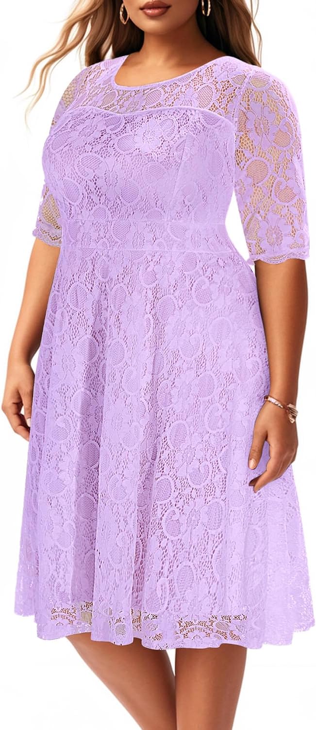 Plus Size Lace V Neck Midi Dress for Wedding Guest Events