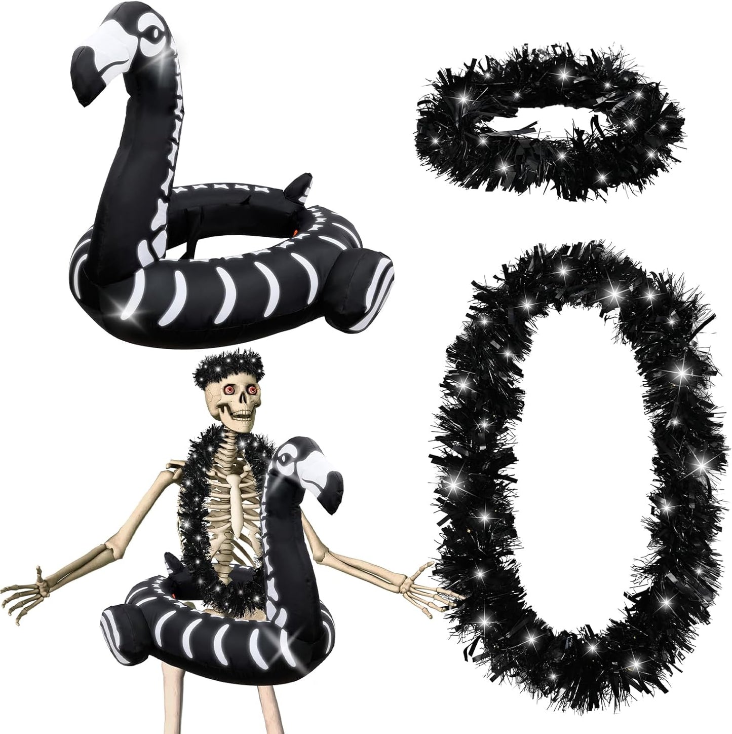 12 ft Skeleton Costumes Set with Inflatable Flamingo Ring