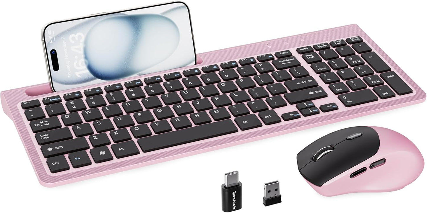 Pink Ergo Keyboard Mouse Set, Wireless 2.4GHz, Phone Holder